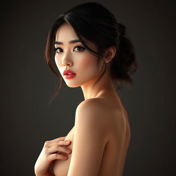 A sensual depiction of a white-Asian girl with alluring features, emphasizing her confident posture and captivating gaze