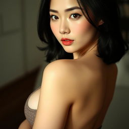 A sensual depiction of a white-Asian girl with alluring features, emphasizing her confident posture and captivating gaze