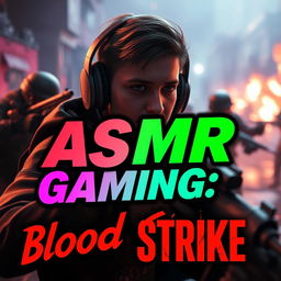 A captivating YouTube thumbnail for an ASMR gaming video featuring gameplay from Blood Strike