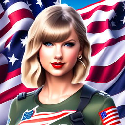 Taylor Swift as a Fortnite character in a profile picture with an American flag background and border.