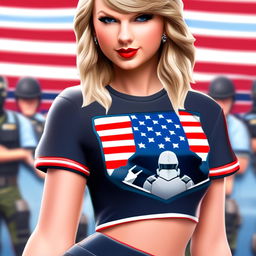 Taylor Swift as a Fortnite character in a profile picture with an American flag background and border.