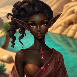 A beautiful androgynous elf with dark bronze skin, characterized by soft, princess-like girlish features and long, elegant ears