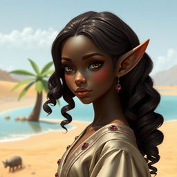 A beautiful androgynous elf with dark bronze skin, characterized by soft, princess-like girlish features and long, elegant ears