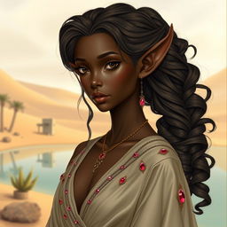 A beautiful androgynous elf with dark bronze skin, characterized by soft, princess-like girlish features and long, elegant ears