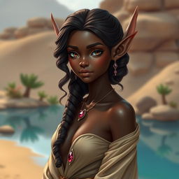 A beautiful androgynous elf with dark bronze skin, characterized by soft, princess-like girlish features and long, elegant ears