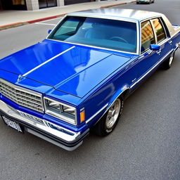 A full view of a classic 1981 Chevrolet Caprice painted in royal blue, showcasing the front and sides of the vehicle