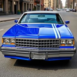 A full view of a classic 1981 Chevrolet Caprice painted in royal blue, showcasing the front and sides of the vehicle