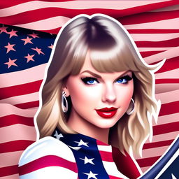 Taylor Swift as a Fortnite character in a profile picture with an American flag background and border.