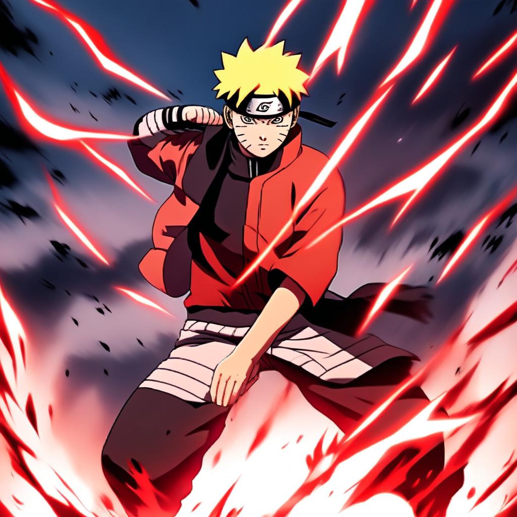 Anime-style profile picture of Naruto Uzumaki in intense red and black colors, set in a dramatic battle scene.