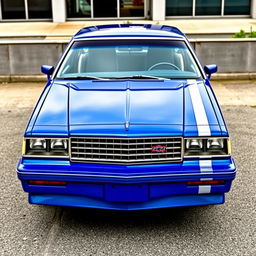 A full view of a 2-door 1981 Chevrolet Caprice Classic, painted in royal blue, showcasing the front and side profiles of the vehicle