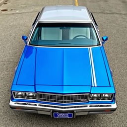 A full view of a 2-door 1981 Chevrolet Caprice Classic, painted in royal blue, showcasing the front and side profiles of the vehicle