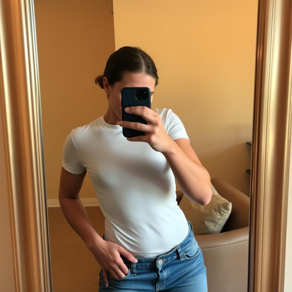 A person taking a mirror selfie in casual but alluring attire, wearing a fitted white t-shirt and stylish blue jeans, holding a smartphone