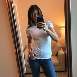 A person taking a mirror selfie in casual but alluring attire, wearing a fitted white t-shirt and stylish blue jeans, holding a smartphone