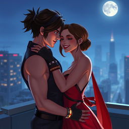 Create an intimate and romantic scene featuring Tracer from Overwatch and a character resembling Black Widow