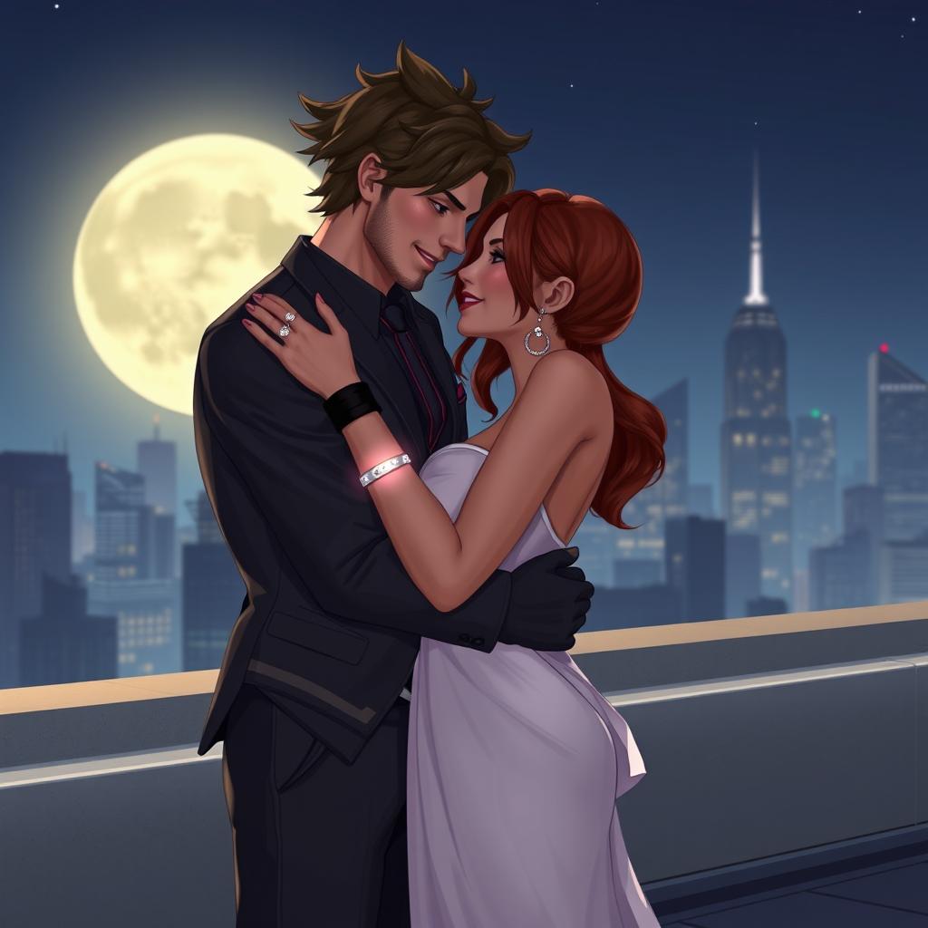 Create an intimate and romantic scene featuring Tracer from Overwatch and a character resembling Black Widow