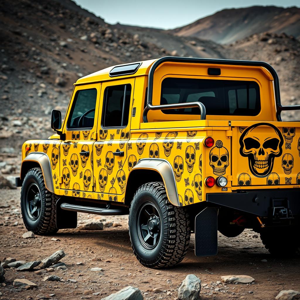 A striking yellow Land Rover Defender 110 with a pickup configuration, featuring a bold black Apache sticker on the side