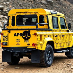 A striking yellow Land Rover Defender 110 with a pickup configuration, featuring a bold black Apache sticker on the side