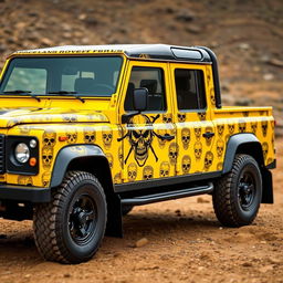 A striking yellow Land Rover Defender 110 with a pickup configuration, featuring a bold black Apache sticker on the side