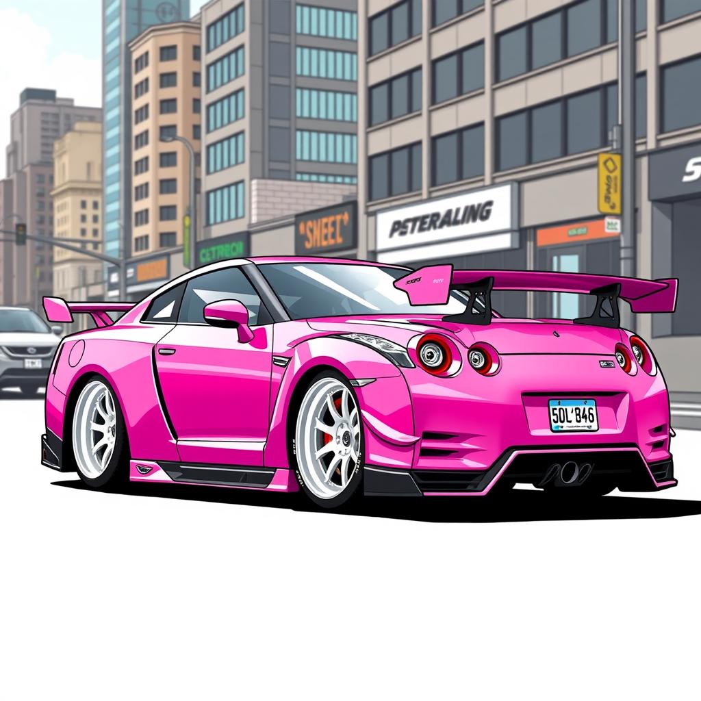 A Nissan R35 GTR in a vibrant pink color featuring the iconic S2000 vinyl design from Suki in the Fast and Furious series