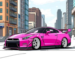 A Nissan R35 GTR in a vibrant pink color featuring the iconic S2000 vinyl design from Suki in the Fast and Furious series