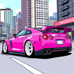 A Nissan R35 GTR in a vibrant pink color featuring the iconic S2000 vinyl design from Suki in the Fast and Furious series