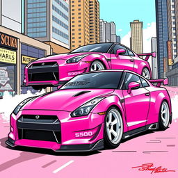 A Nissan R35 GTR in a vibrant pink color featuring the iconic S2000 vinyl design from Suki in the Fast and Furious series