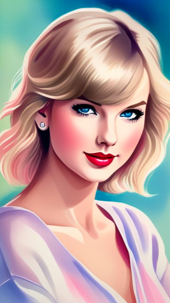 Watercolor anime portrait of Taylor Swift with golden hair, vibrant blue eyes, and a soft pink smile against a pastel background.