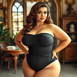 A voluptuous woman with an alluring retro and vintage European style, confidently showcasing her curves in a stylish 1950s-inspired outfit