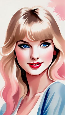 Watercolor anime portrait of Taylor Swift with golden hair, vibrant blue eyes, and a soft pink smile against a pastel background.