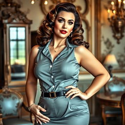 A voluptuous woman with an alluring retro and vintage European style, confidently showcasing her curves in a stylish 1950s-inspired outfit