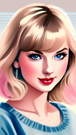 Watercolor anime portrait of Taylor Swift with golden hair, vibrant blue eyes, and a soft pink smile against a pastel background.