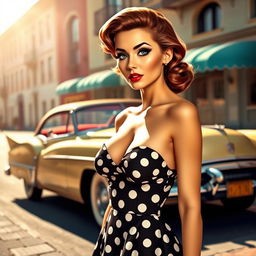 A sexy woman with a thin build, styled in a retro and vintage fashion