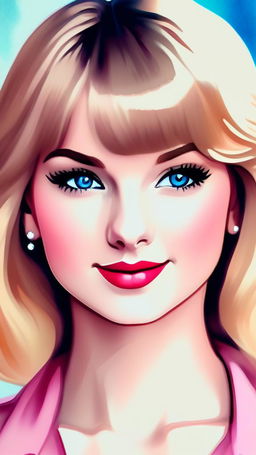 Watercolor anime portrait of Taylor Swift with golden hair, vibrant blue eyes, and a soft pink smile against a pastel background.