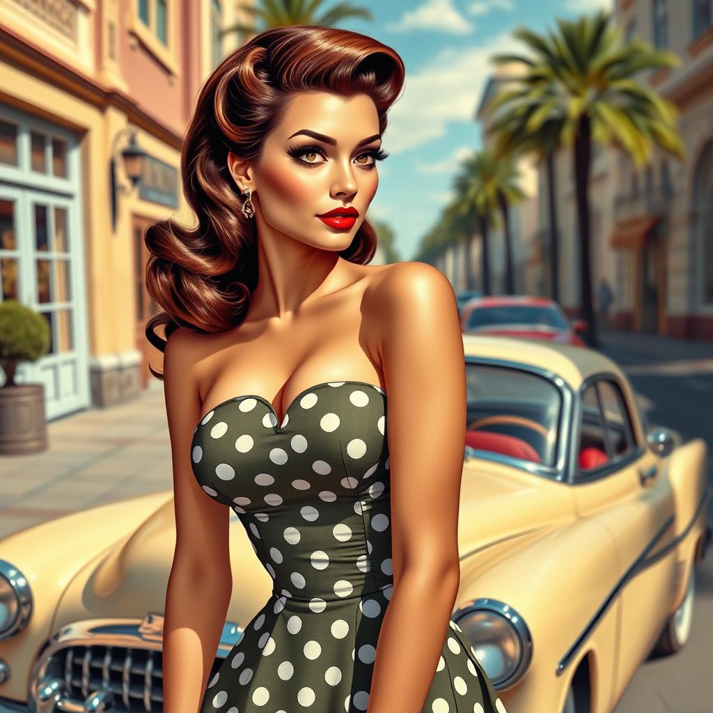 A sexy woman with a thin build, styled in a retro and vintage fashion