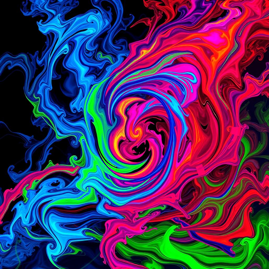 Abstract expression of vibrant energy and dynamism, featuring swirling, intertwining patterns of vivid colors such as electric blue, fiery red, and neon green, creating an intense, pulsating effect