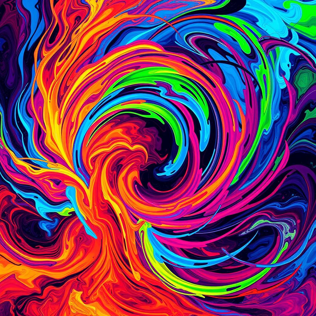 Abstract expression of vibrant energy and dynamism, featuring swirling, intertwining patterns of vivid colors such as electric blue, fiery red, and neon green, creating an intense, pulsating effect