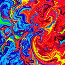 Abstract expression of vibrant energy and dynamism, featuring swirling, intertwining patterns of vivid colors such as electric blue, fiery red, and neon green, creating an intense, pulsating effect