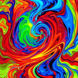 Abstract expression of vibrant energy and dynamism, featuring swirling, intertwining patterns of vivid colors such as electric blue, fiery red, and neon green, creating an intense, pulsating effect