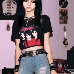 2000s emo teenager with black dyed hair, thick eyeliner, band t-shirt, studded belt and skinny jeans in a dimly lit room with band posters.