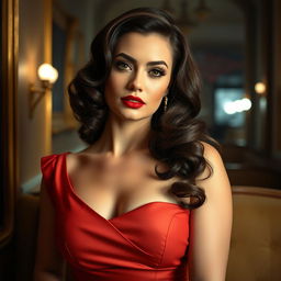 A sexy European actress with voluptuous curves, styled in a glamorous retro and vintage fashion