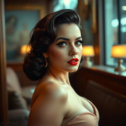 A sexy European actress with voluptuous curves, styled in a glamorous retro and vintage fashion