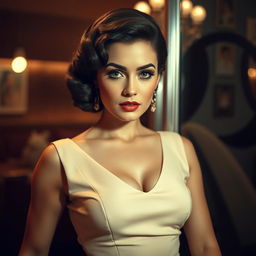 A sexy European actress with voluptuous curves, styled in a glamorous retro and vintage fashion