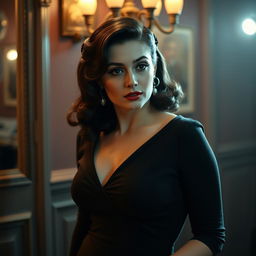 A sexy European actress with voluptuous curves, styled in a glamorous retro and vintage fashion