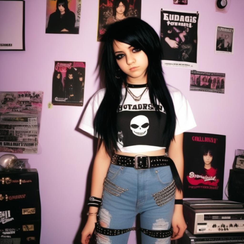 2000s emo teenager with black dyed hair, thick eyeliner, band t-shirt, studded belt and skinny jeans in a dimly lit room with band posters.