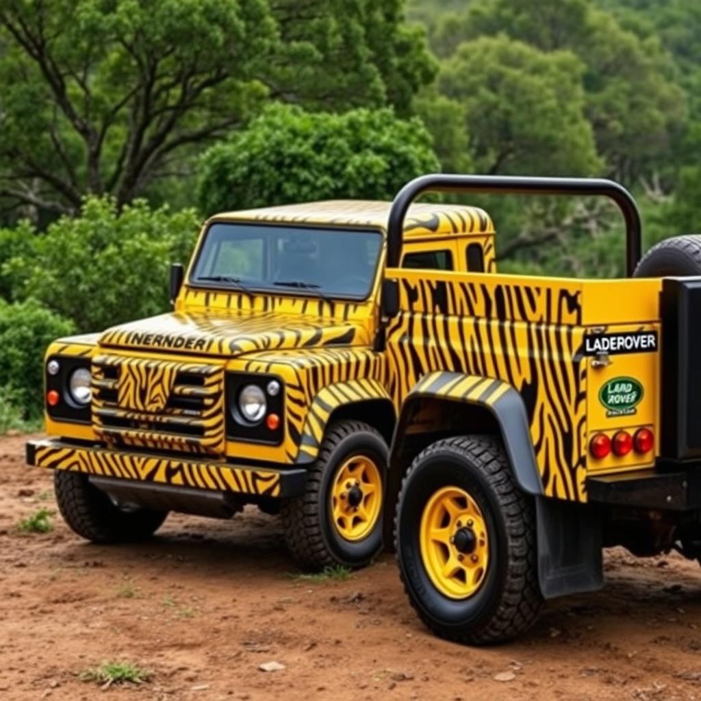 A yellow Land Rover Defender 130 pick-up truck with a full-body wrap featuring a design inspired by the shapes and patterns of a tiger