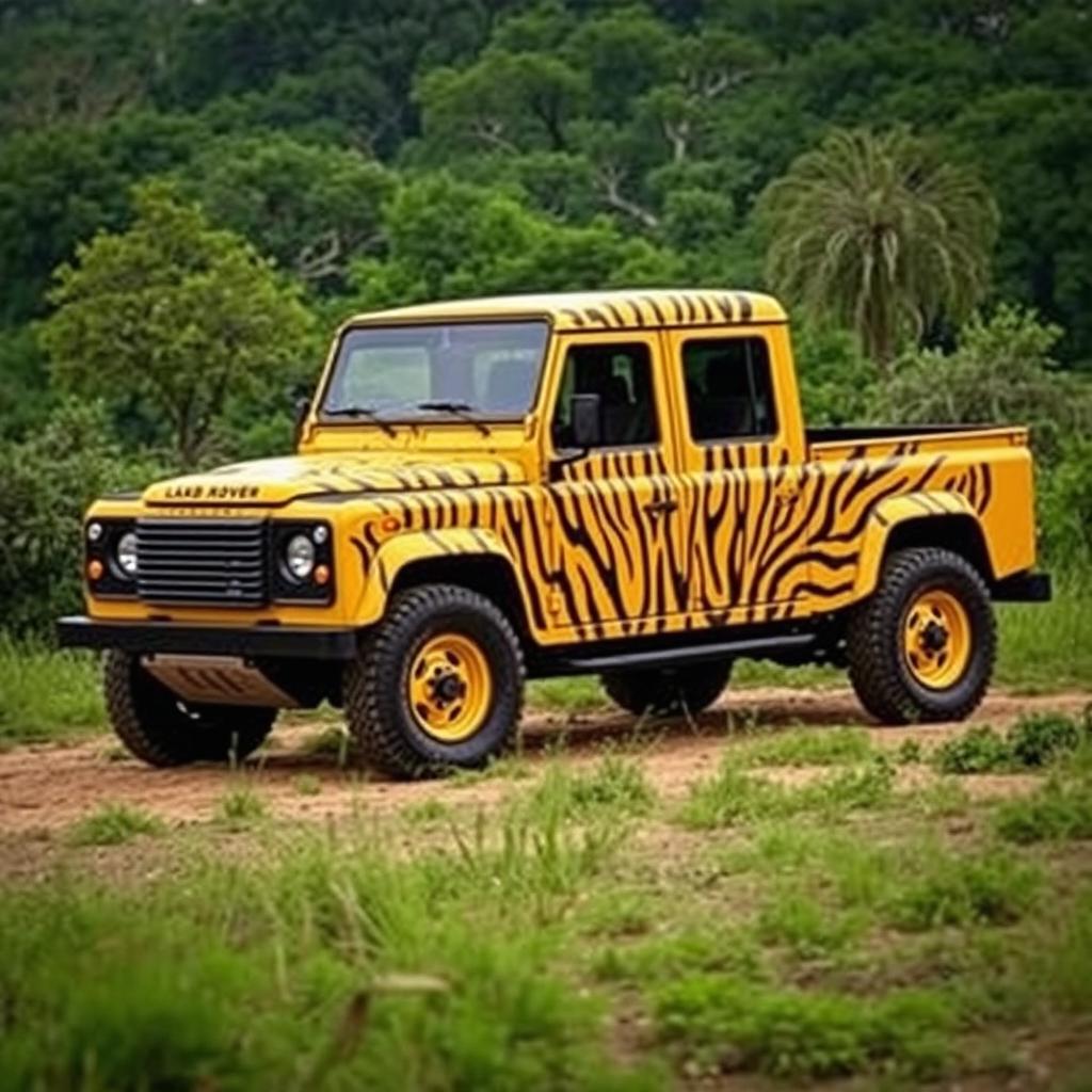 A yellow Land Rover Defender 130 pick-up truck with a full-body wrap featuring a design inspired by the shapes and patterns of a tiger