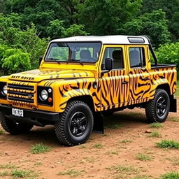 A yellow Land Rover Defender 130 pick-up truck with a full-body wrap featuring a design inspired by the shapes and patterns of a tiger