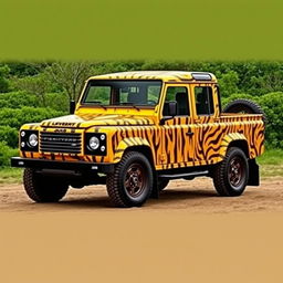 A yellow Land Rover Defender 130 pick-up truck with a full-body wrap featuring a design inspired by the shapes and patterns of a tiger