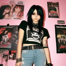 2000s emo teenager with black dyed hair, thick eyeliner, band t-shirt, studded belt and skinny jeans in a dimly lit room with band posters.