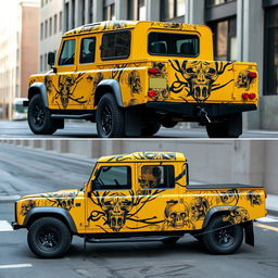 A yellow Land Rover Defender 130 pick-up truck with a full-body wrap featuring a design inspired by the shapes and patterns of a tiger and skull motifs